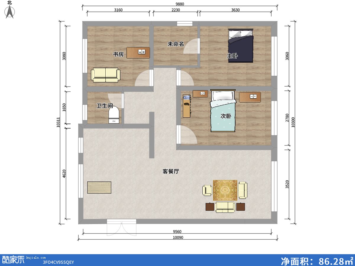 包頭方興山嶼湖3室2廳1衛0廚87.43㎡戶(hù)型圖