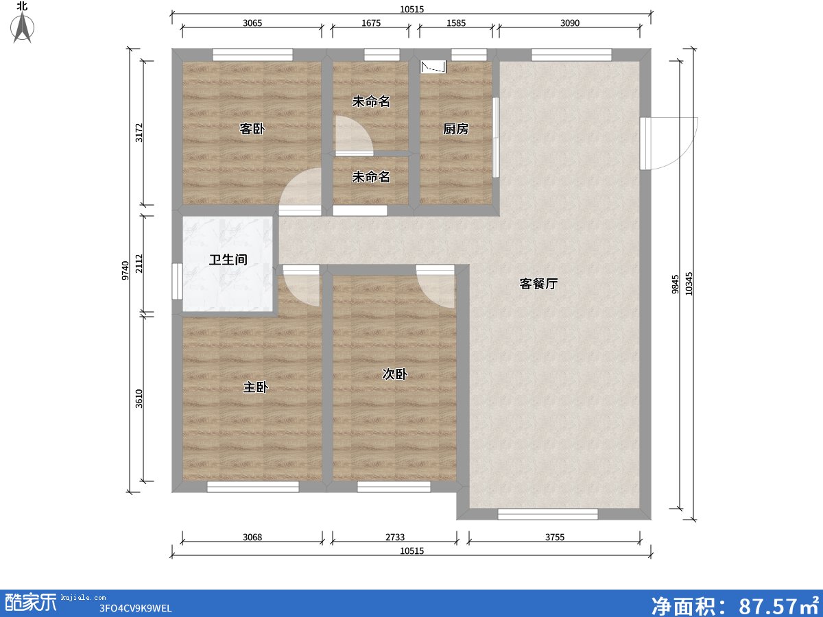 包頭方興山嶼湖3室2廳1衛1廚110.00㎡戶(hù)型圖