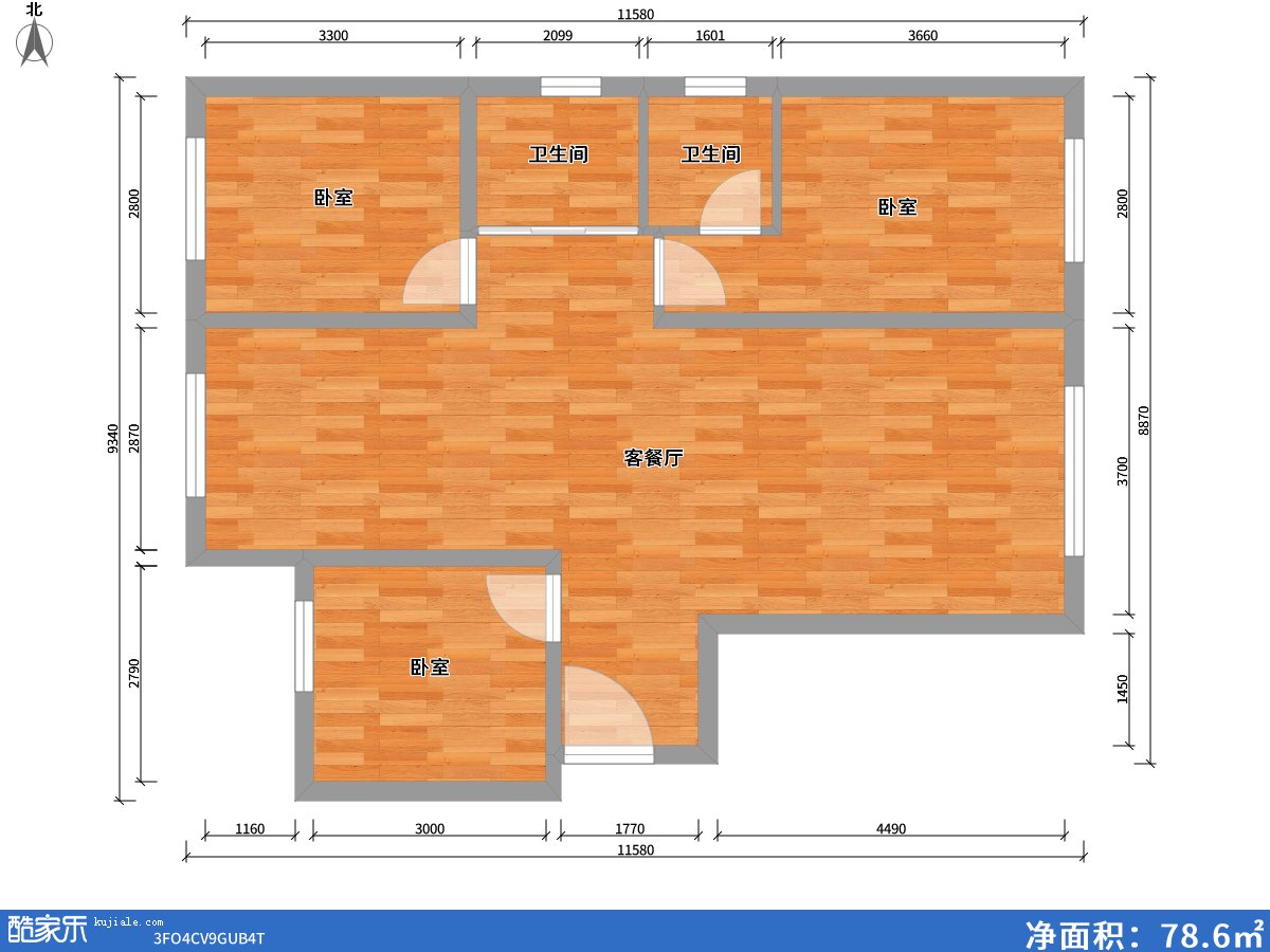 包頭方興山嶼湖3室2廳2衛0廚99.00㎡戶(hù)型圖