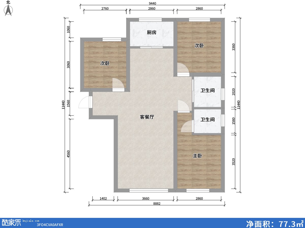 方興?山嶼湖3室2廳2衛1廚98.00㎡戶(hù)型圖